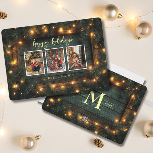 Rustic Christmas Photo Collage Pine Garland Lights Holiday Card