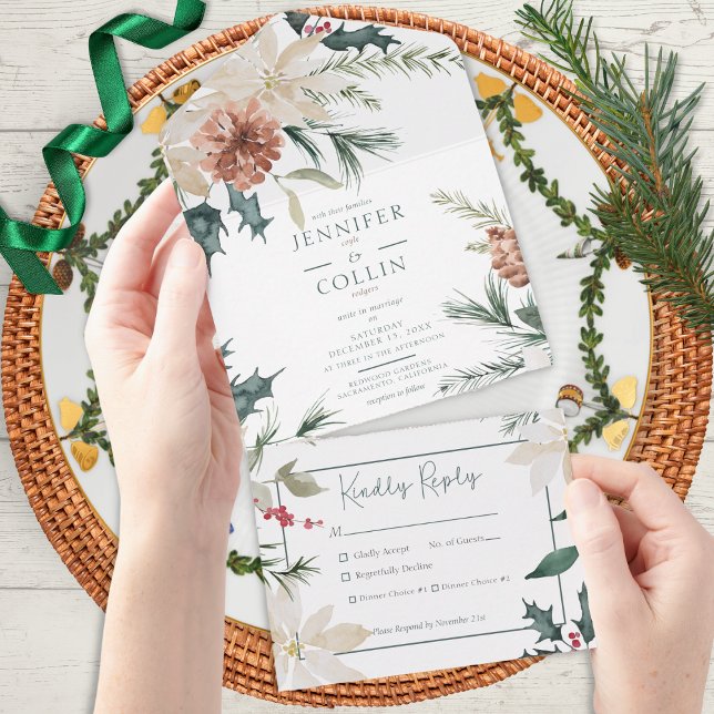 Rustic Christmas Pine & Berries White Dinner All In One Invitation (Creator Uploaded)