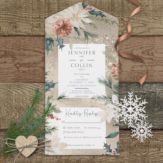 Rustic Christmas Pine Gold Dinner All In One Invitation (Creator Uploaded)