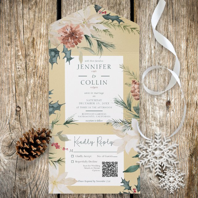 Rustic Christmas Pine Gold QR Code All In One Invitation (Creator Uploaded)