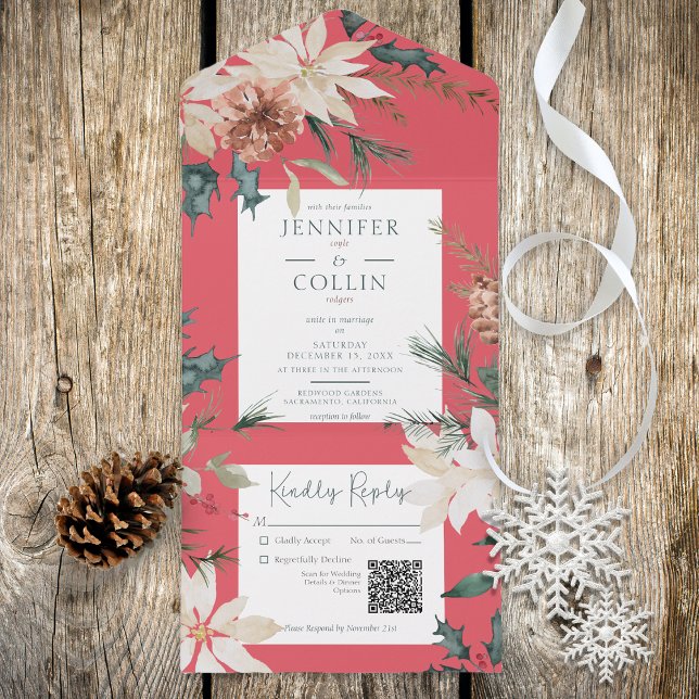 Rustic Christmas Pine Red QR Code All In One Invitation (Creator Uploaded)