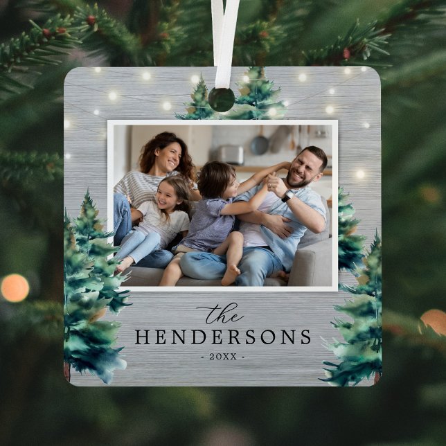 Rustic Christmas Pine Tree Family Photo Metal Ornament (Creator Uploaded)