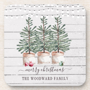 Rustic Christmas Pine Trees Snow String Lights Coaster