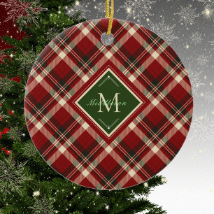 Rustic Christmas Plaid Green Monogram Name Holiday Ceramic Ornament