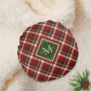 Rustic Christmas Plaid Green Monogram Name Holiday Round Pillow