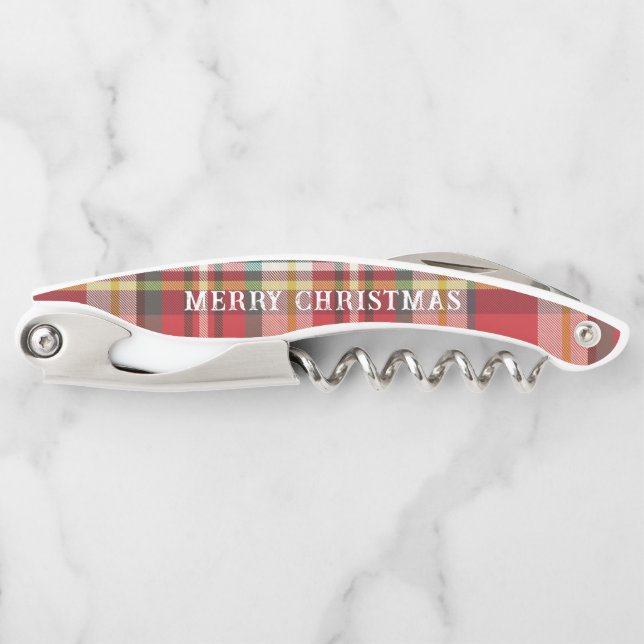 Rustic Christmas Plaid Modern Red Check Corkscrew (Front)