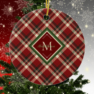 Rustic Christmas Plaid Red Monogram Name Holiday Ceramic Ornament