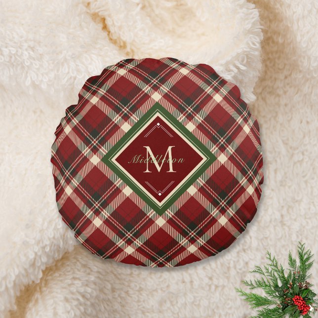 Rustic Christmas Plaid Red Monogram Name Holiday Round Pillow (Creator Uploaded)