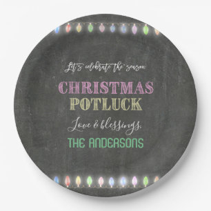 Rustic Christmas Potluck Chalkboard String Lights Paper Plate