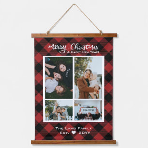 Rustic Christmas Red Black Buffalo Plaid Wood Hanging Tapestry