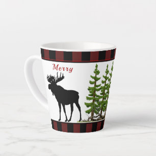 Rustic Christmas Red Black Check Pattern Moose  Latte Mug