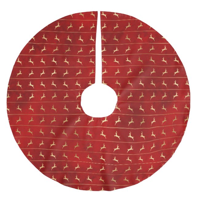 Rustic Christmas red gold reindeer stripes pattern Brushed Polyester Tree Skirt (Front)