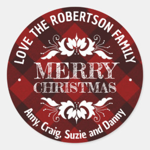 Rustic Christmas red plaid custom family Classic Round Sticker