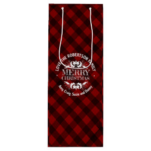 Rustic Christmas red plaid custom family Wine Gift Bag