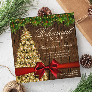 Rustic Christmas Rehearsal Dinner Tree & Ribbon Invitation