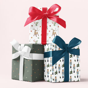 Rustic Christmas Reindeer Stars Festive Patterns Wrapping Paper Sheet