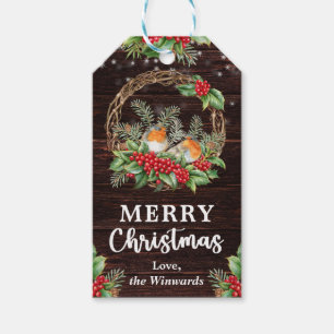 Rustic Christmas Robins and Winter Berries Wreath Gift Tags