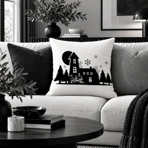 Rustic Christmas Scene Black White Minimalist Thro Throw Pillow