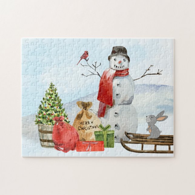 Rustic Christmas Scene Snowman, Snow, Tree Jigsaw Puzzle (Horizontal)