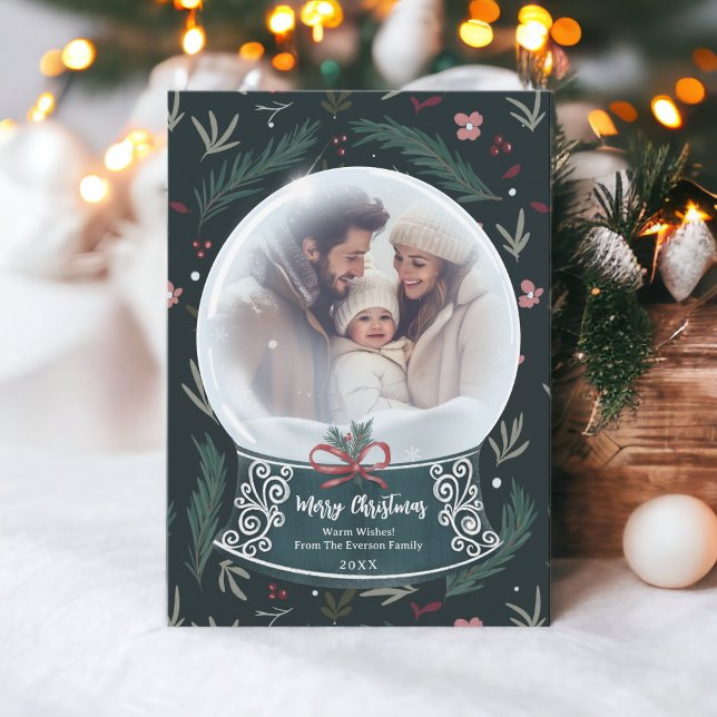 Rustic Christmas snow globe floral family photo Holiday Card (Rustic Christmas snow globe floral family photo Holiday Card on green)