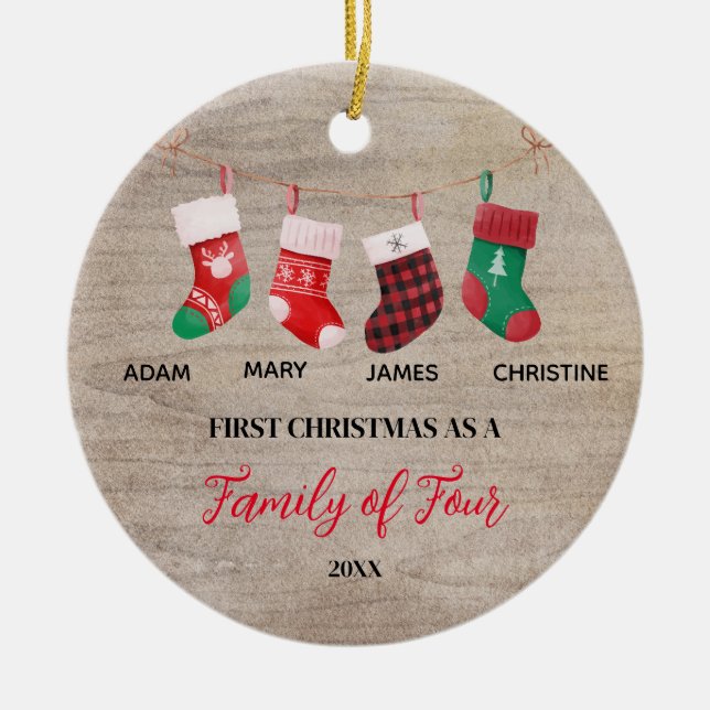 Rustic Christmas Socks as a Family of Four Ceramic Ornament (Front)