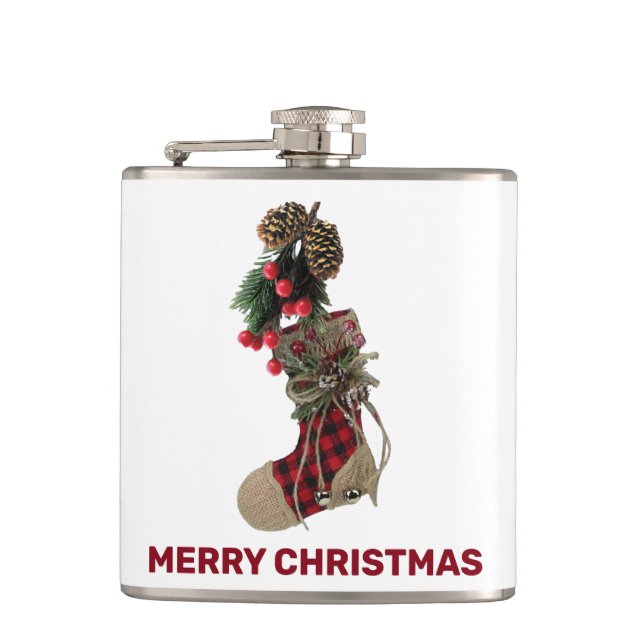 Rustic Christmas Stocking Vinyl Wrapped Flask (Front)