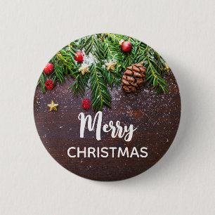 Rustic Christmas Table with Pine & Snow 2 Inch Round Button