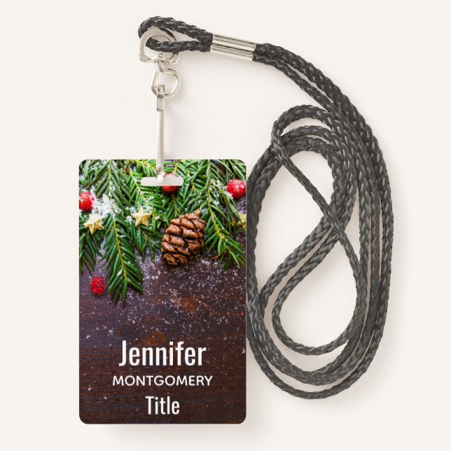 Rustic Christmas Table with Pine & Snow Badge (Front with Lanyard)