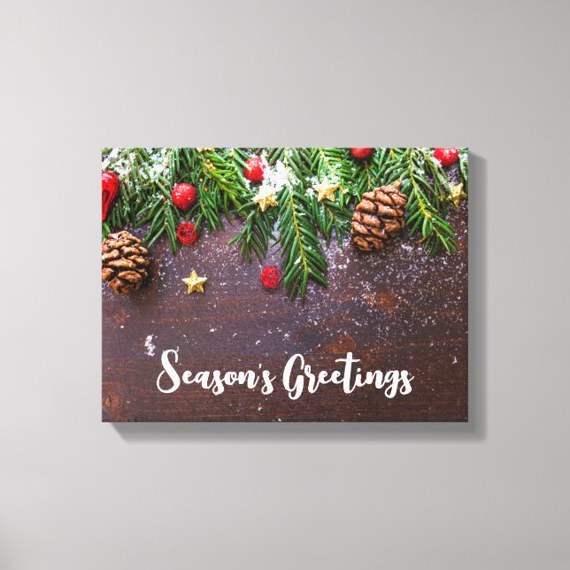 Rustic Christmas Table with Pine & Snow Canvas Print (Front)