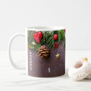 Rustic Christmas Table with Pine & Snow Coffee Mug