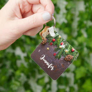 Rustic Christmas Table with Pine & Snow Keychain