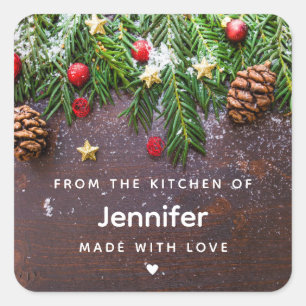 Rustic Christmas Table with Pine & Snow Kitchen Square Sticker