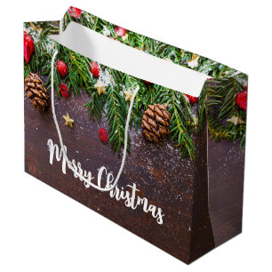 Rustic Christmas Table with Pine & Snow Large Gift Bag