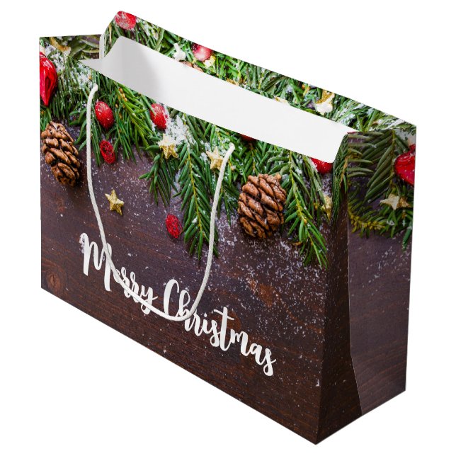 Rustic Christmas Table with Pine & Snow Large Gift Bag (Front Angled)