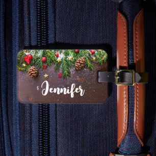 Rustic Christmas Table with Pine & Snow Luggage Tag