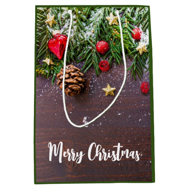 Rustic Christmas Table with Pine & Snow Medium Gift Bag (Front)