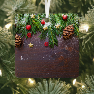 Rustic Christmas Table with Pine & Snow Metal Ornament