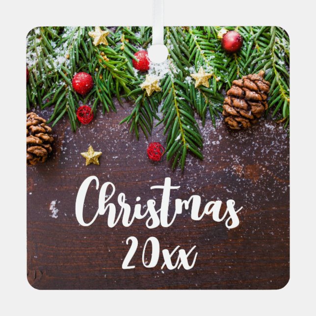 Rustic Christmas Table with Pine & Snow Metal Ornament (Front)