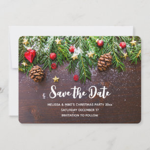 Rustic Christmas Table with Pine & Snow Save The Date