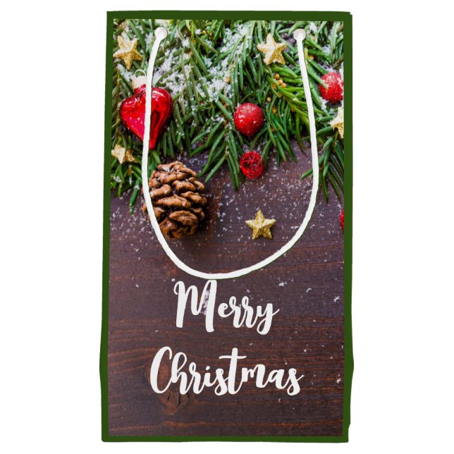 Rustic Christmas Table with Pine & Snow Small Gift Bag (Front)