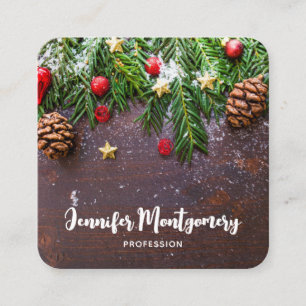Rustic Christmas Table with Pine & Snow Square Business Card