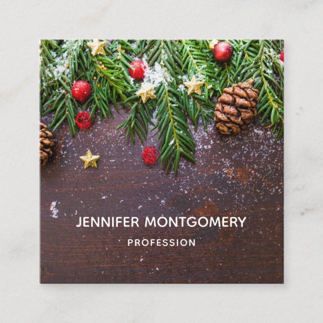 Rustic Christmas Table with Pine & Snow Square Business Card (Front)