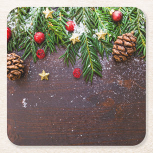 Rustic Christmas Table with Pine & Snow Square Paper Coaster