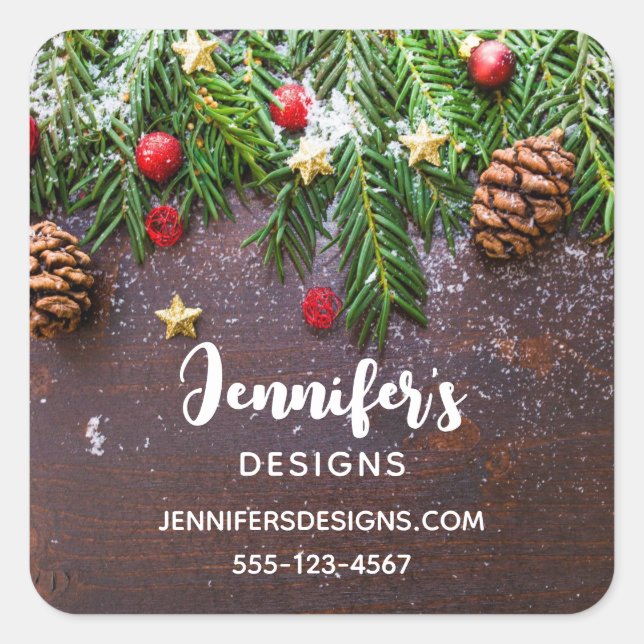 Rustic Christmas Table with Pine & Snow Square Sticker (Front)