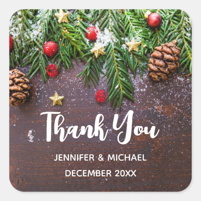 Rustic Christmas Table with Pine & Snow Square Sticker (Front)
