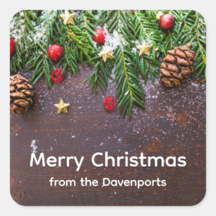 Rustic Christmas Table with Pine & Snow Square Sticker