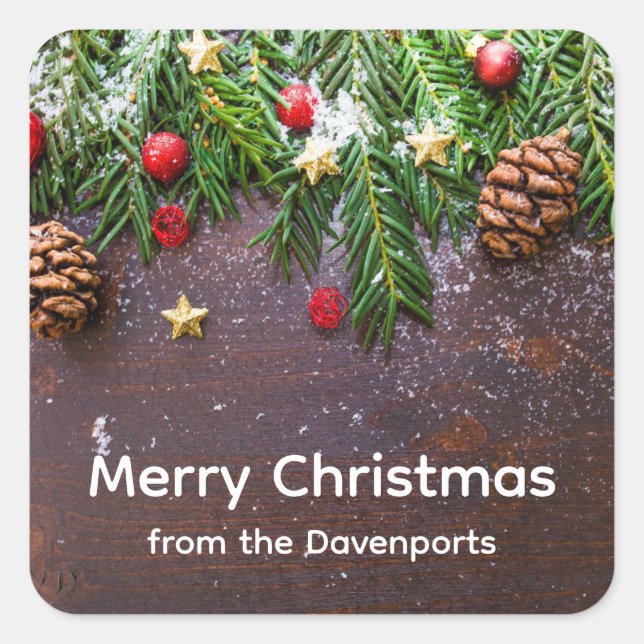 Rustic Christmas Table with Pine & Snow Square Sticker (Front)