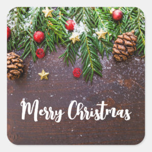 Rustic Christmas Table with Pine & Snow Square Sticker