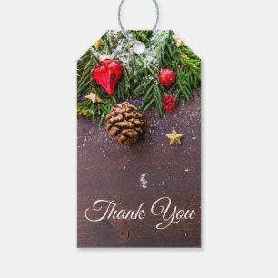 Rustic Christmas Table with Pine & Snow Thank You Gift Tags