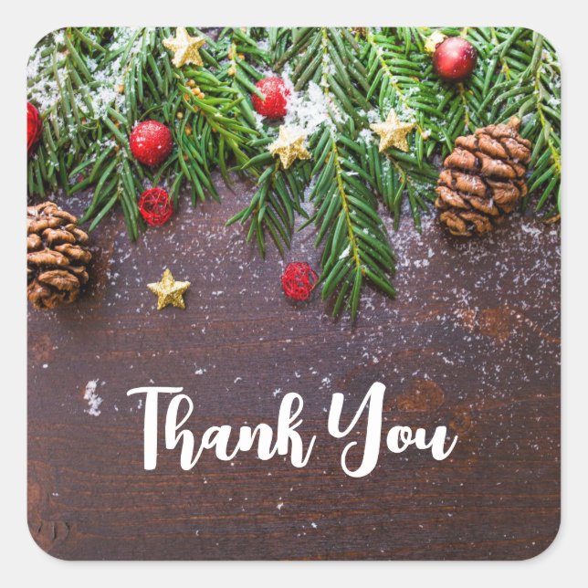 Rustic Christmas Table with Pine & Snow Thank You Square Sticker (Front)